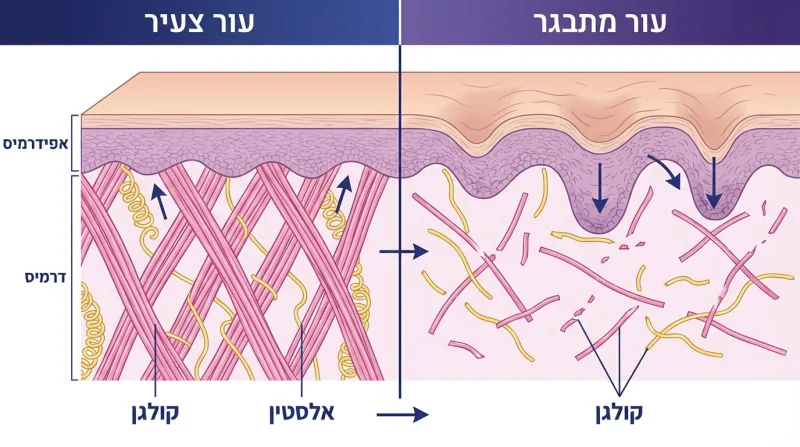 תרשים השוואתי של מבנה עור צעיר מול עור מתבגר, המדגים את הידלדלות סיבי הקולגן והאלסטין בדרמיס והיווצרות קמטים