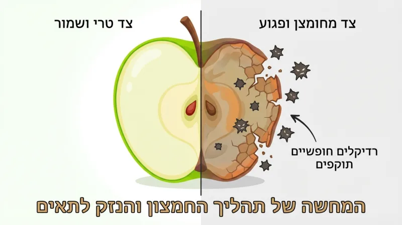 אילוסטרציה של תפוח חצוי המדגימה את תהליך החמצון והנזק לתאים על ידי רדיקלים חופשיים