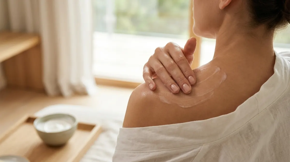 אישה מורחת קרם גוף על הכתף שלה