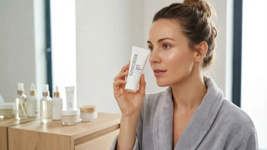 אישה בחלוק רחצה אפור מחזיקה שפופרת קרם הגנה SPF 50+ ליד פניה מול המראה.